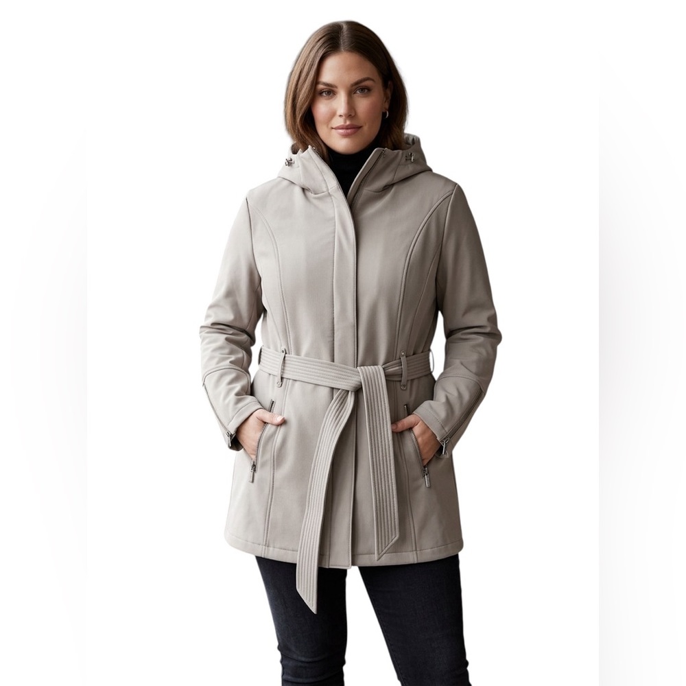 Steve Madden Taupe Fall Softshell Hooded 3/4 Length Lined Belted Coat Size XL